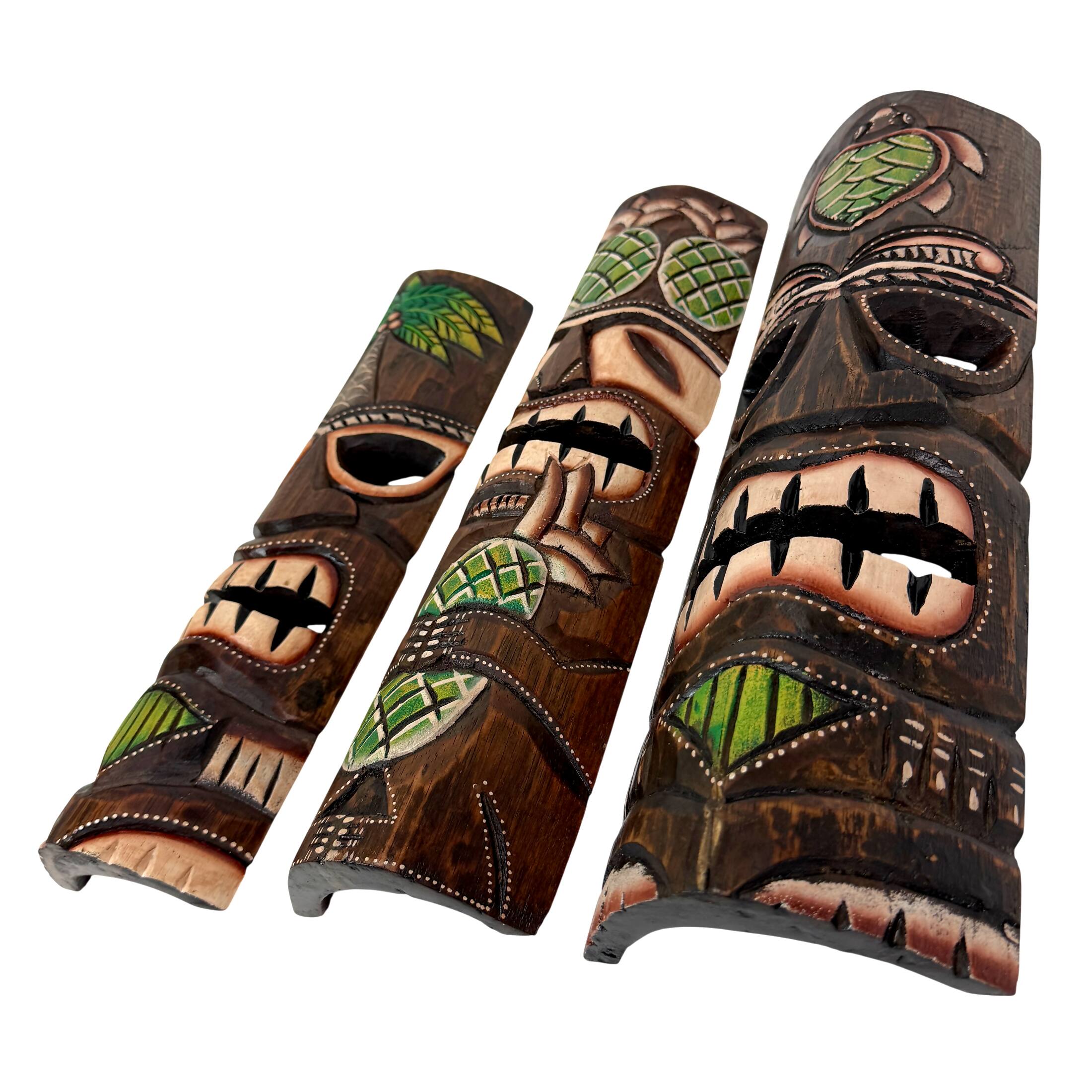 Alt View 2. Zeckos - Hand Carved Wood Tiki Mask Set of 3 Palm Tree Pineapple Turtle 19in Wall Decor - Green.