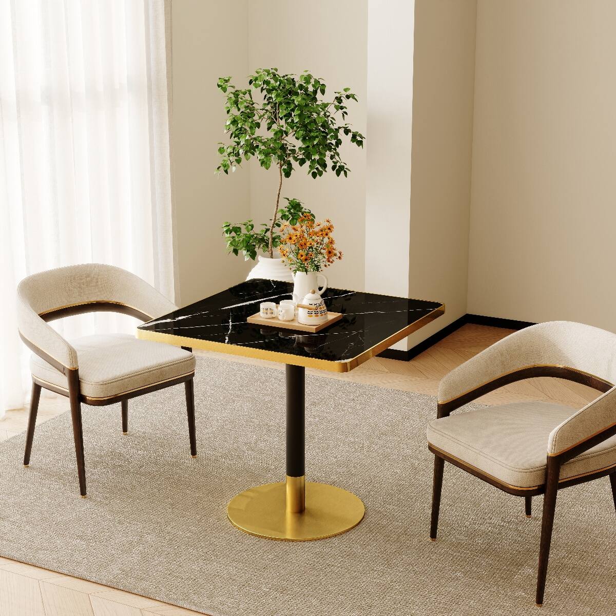 Alt View 1. Loheer - Loheer 31.5 inch Square Dining Table with Sintered Stone Tabletop, Black and Gold - Black and Gold.