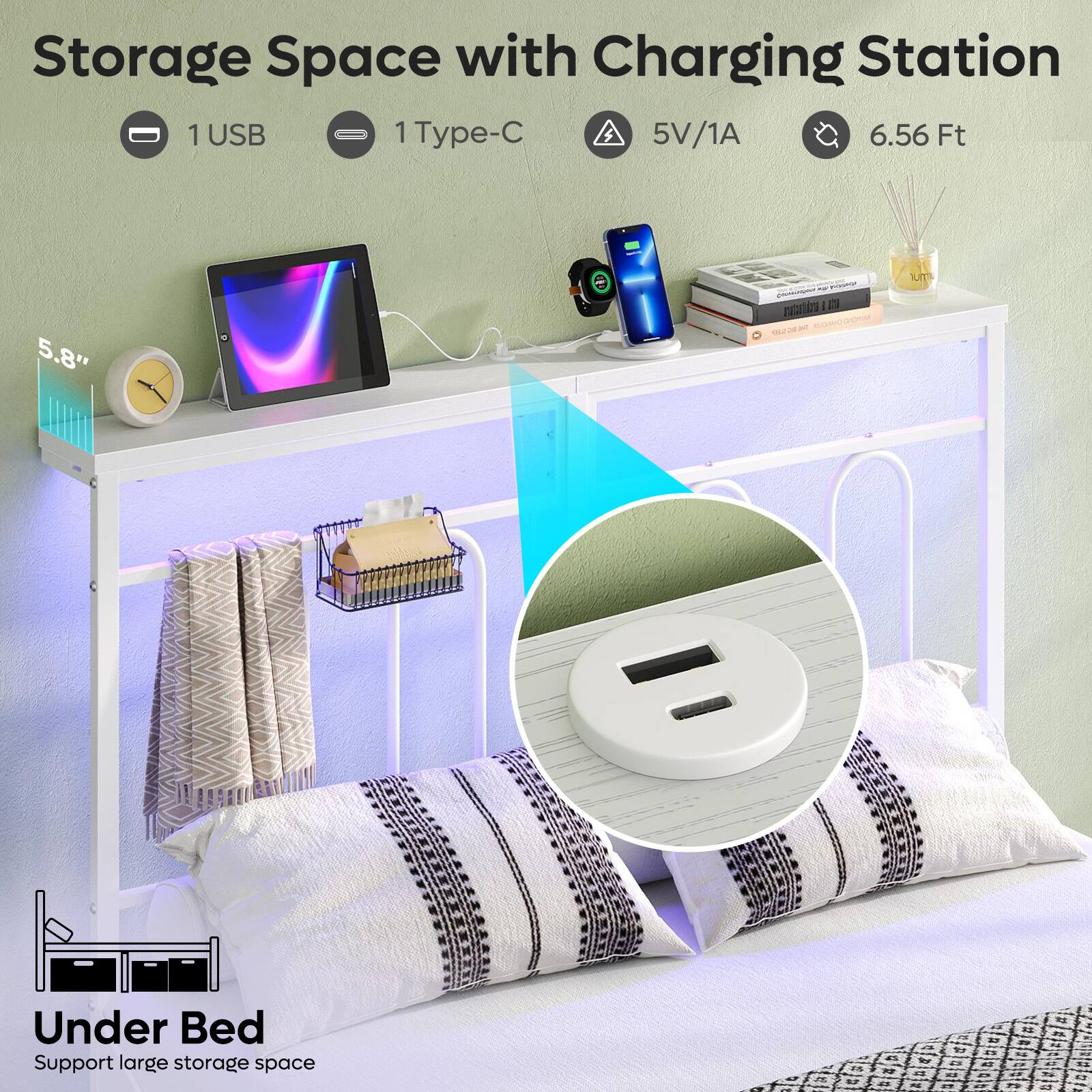 Storage Space with Charging Station 1 USB 1 Type-C 5V/1A 6.56 Ft 5.8" - Under Bed Support large storage space