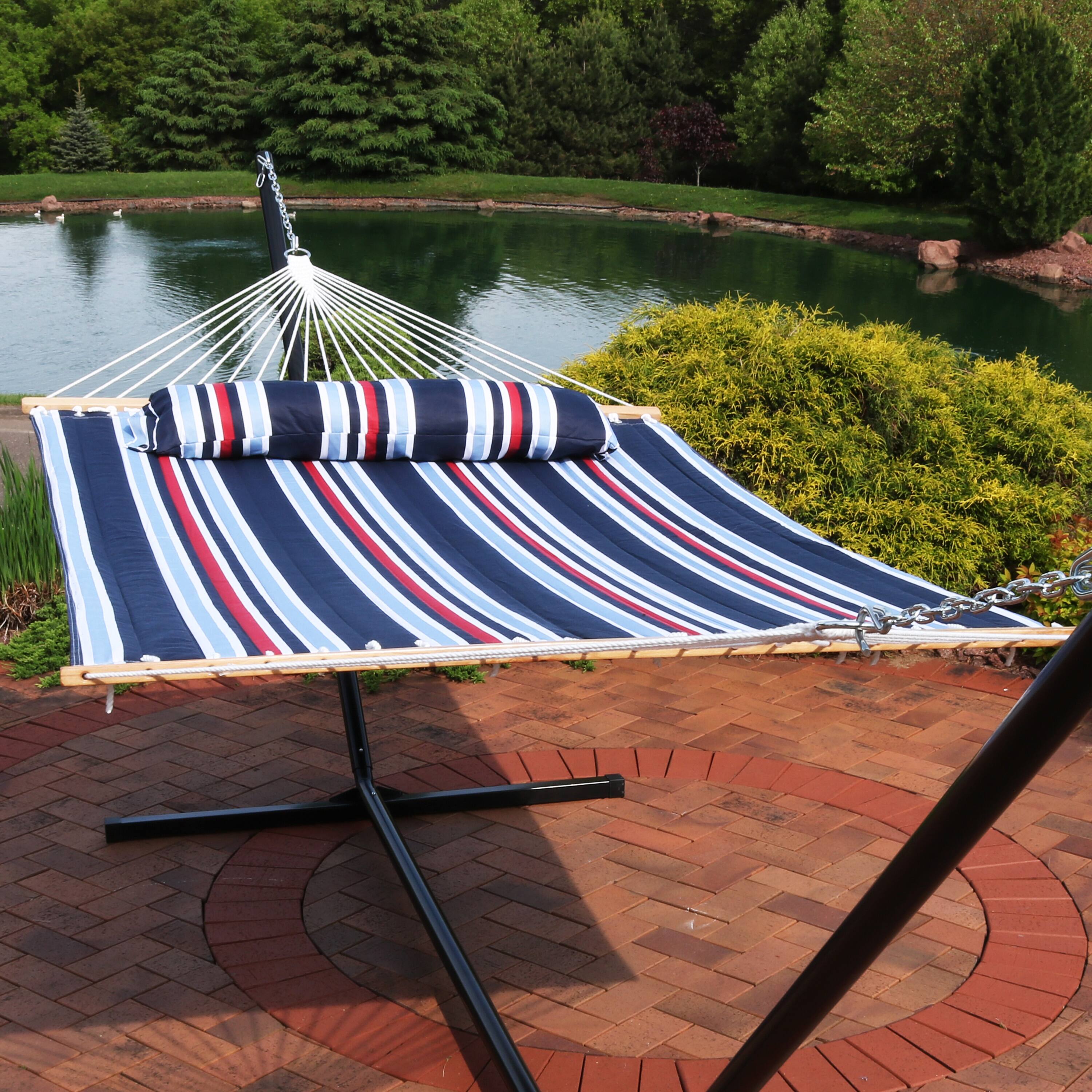 Alt View 7. Sunnydaze - Large Quilted Fabric Hammock with Spreader Bars - Nautical Stripe.