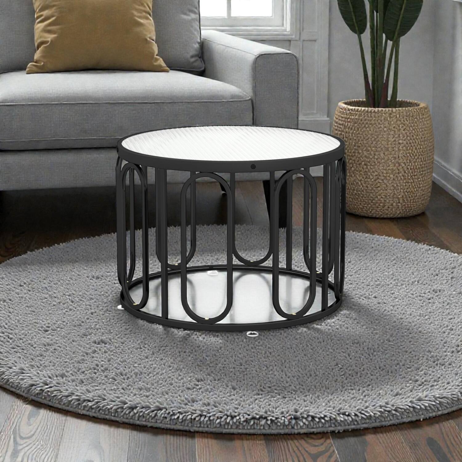 Hivvago - Round 24" Coffee Table with Patterned Tempered Glass and Adjustable Oval Mounts - Black