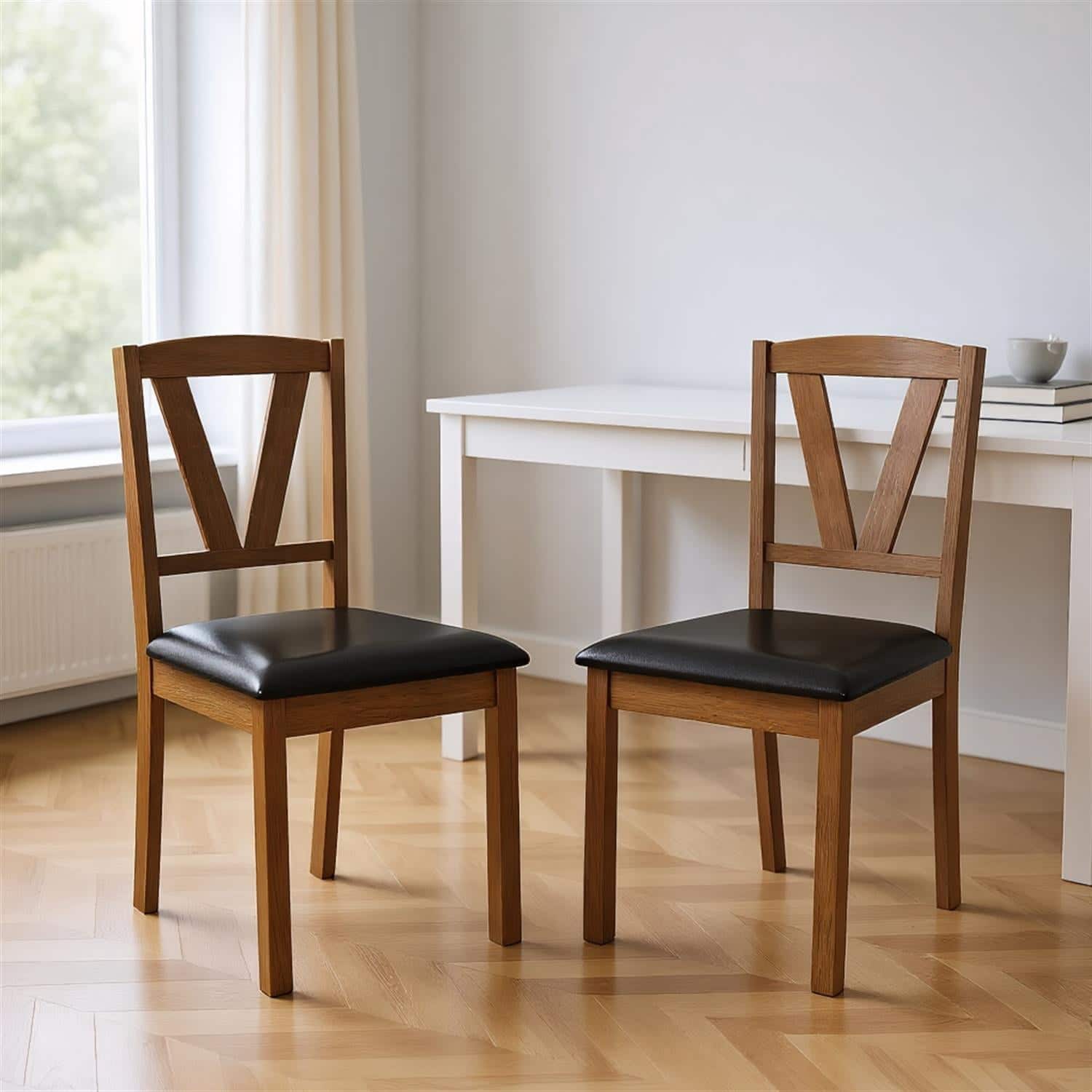Pefilos - Wooden Dining Chair Set of 2, PU Leather Upholstered, Rubber Wood Frame, Breathable Back - Brown