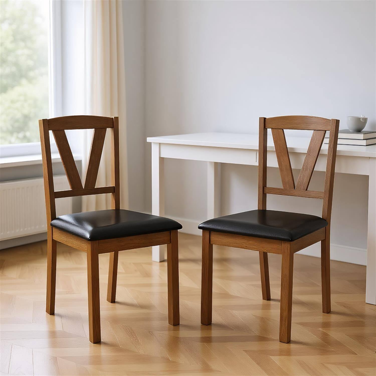 Front. Pefilos - Wooden Dining Chair Set of 2, PU Leather Upholstered, Rubber Wood Frame, Breathable Back, Brown - Brown.