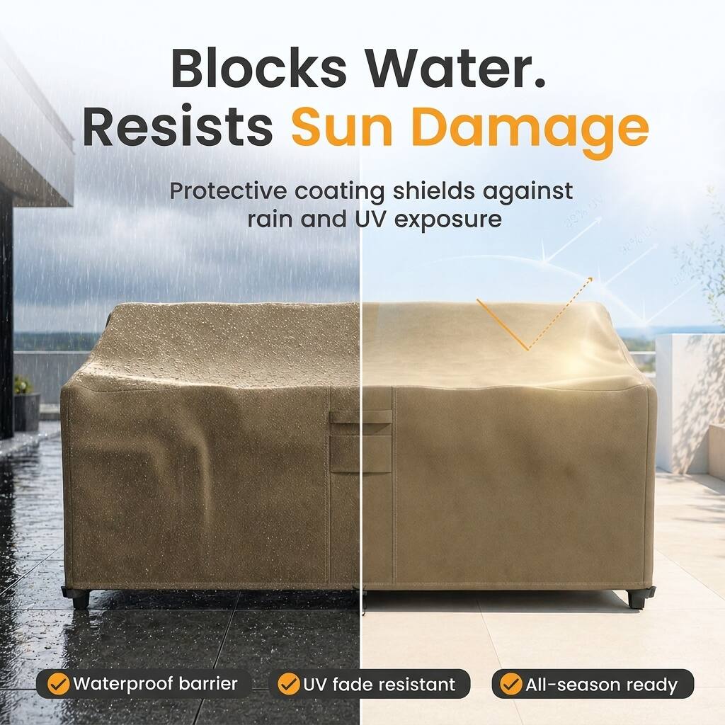 Blocks Water.  
Resists Sun Damage  

Protective coating shields against rain and UV exposure  

89% V  
98% Waterproof barrier  
UV fade resistant  
All-season ready