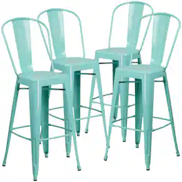 Emma + Oliver - Commercial Grade 4 Pack 30" High Metal Indoor-Outdoor Barstool with Back - Mint Green