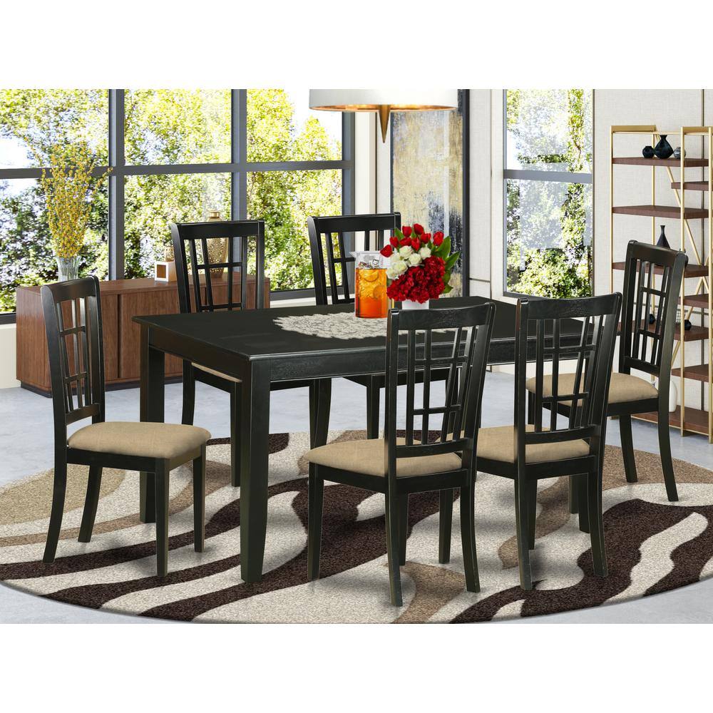Back. East West Furniture - DUNI7-BLK-C 7 Pc Dining room set -Kitchen Table and 6 Dining Chairs - Black.