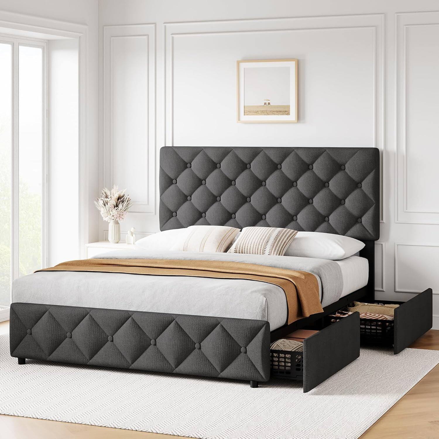 Alt View 3. Qeetex - Full Size Bed Frame with 4 Storage Drawers and Adjustable Headboard  Upholstered Platform Bed Frame with Storage  Diamon - As Shown.