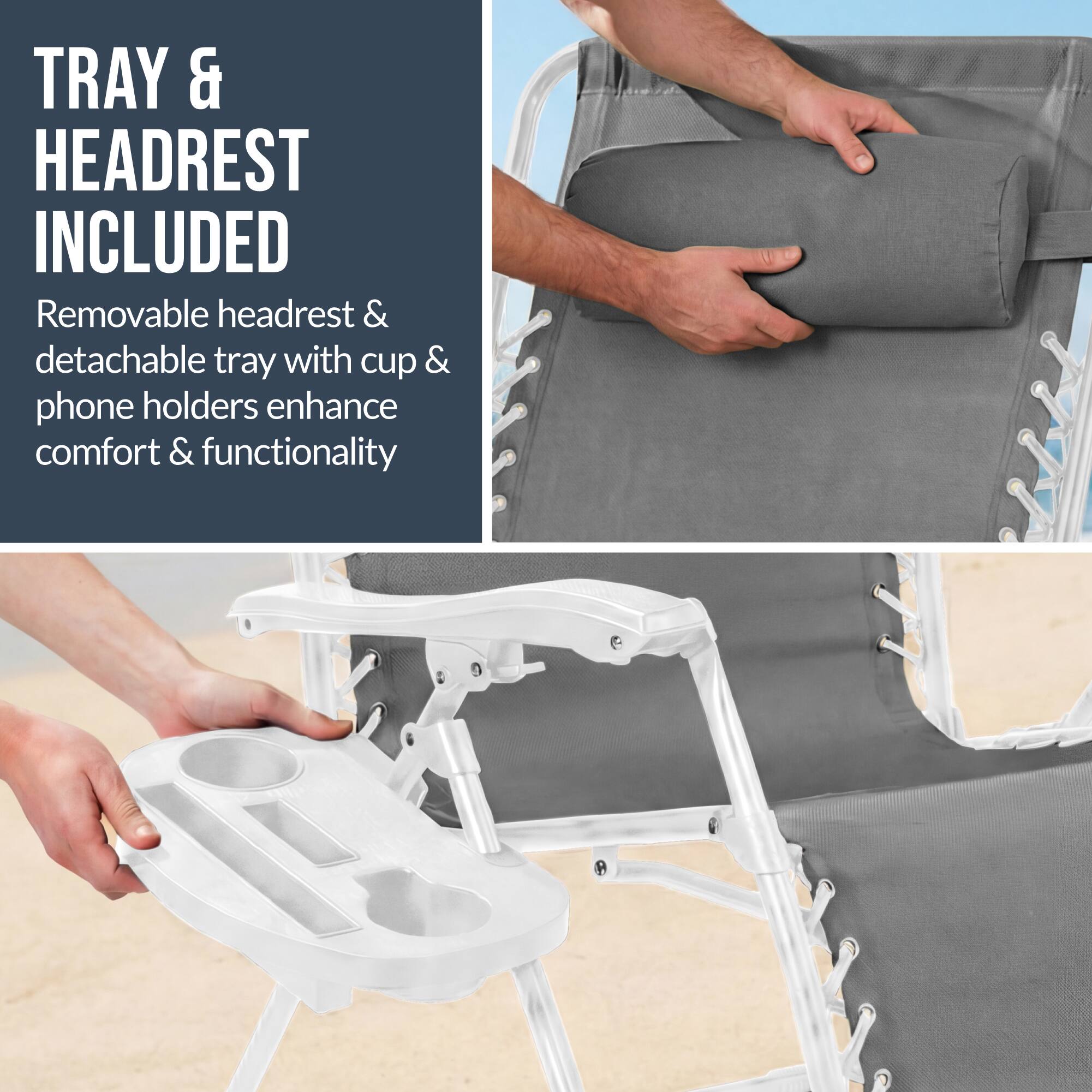 TRAY & HEADREST INCLUDED

Removable headrest & detachable tray with cup & phone holders enhance comfort & functionality