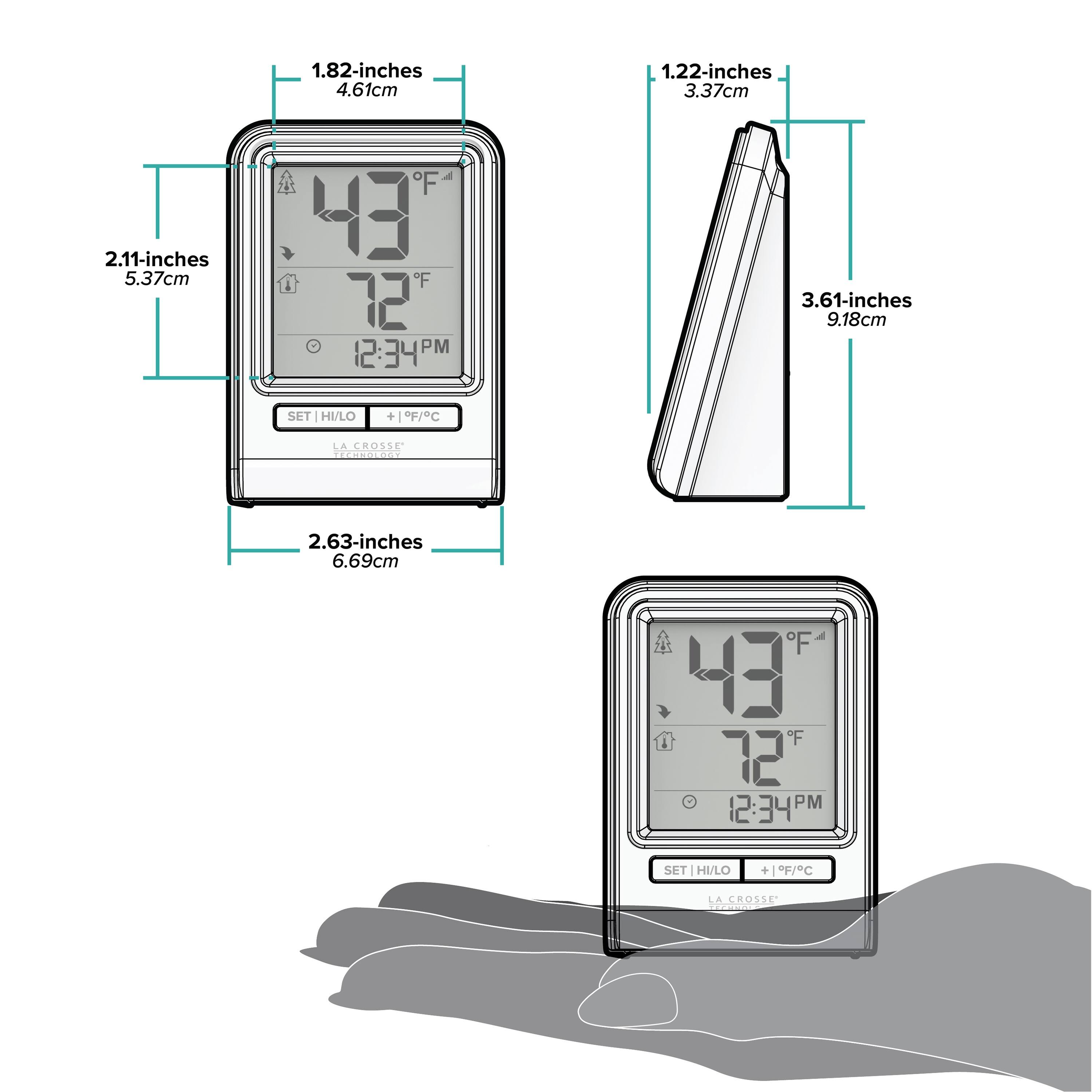 1.82-inches 4.61cm  
2.11-inches 5.37cm  
2.63-inches 6.69cm  
1.22-inches 3.37cm  
3.61-inches 9.18cm  

F 43 & F 72  
12:34 PM  

SET HI/LO + F/C  
LA CROSSE