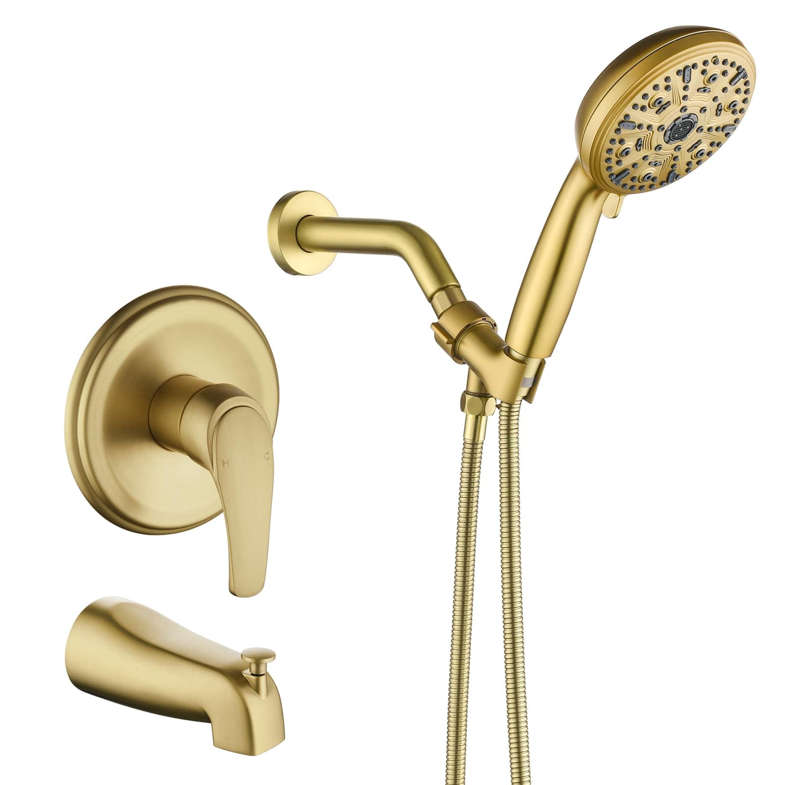 Paradigms Interiors - Tub Shower Faucet Set With 10 Spray Handheld Brushed Head And Handle System Spout Fixtures Trim Kit - Brushed Gold-without tub spout