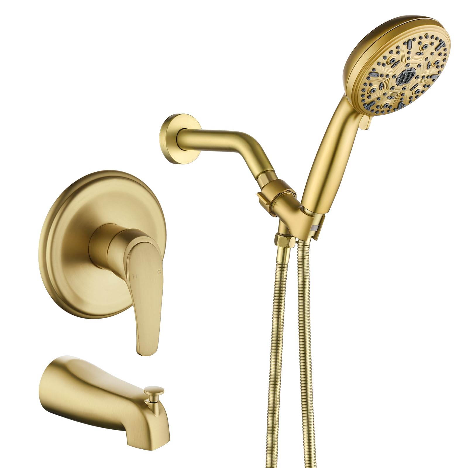Front. Paradigms Interiors - Tub Shower Faucet Set With 10 Spray Handheld Brushed Head And Handle System Spout Fixtures Trim Kit - Brushed Gold-without tub spout.