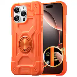 Dteck - for iPhone 16 Pro Max Case with Built-in Rotating Ring Stand, Camera Control Button Cover, Heavy Duty Shockproof Cover - Orange