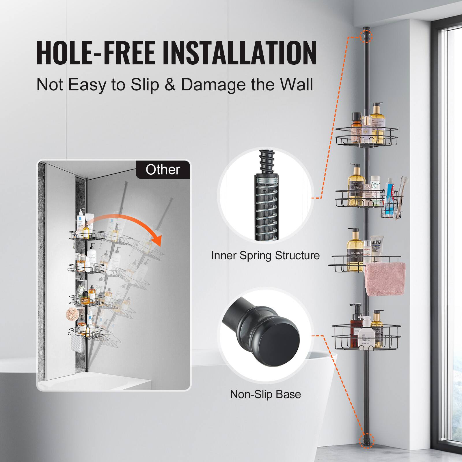 HOLE-FREE INSTALLATION  
Not Easy to Slip & Damage the Wall  

Other  
Inner Spring Structure  
Non-Slip Base
