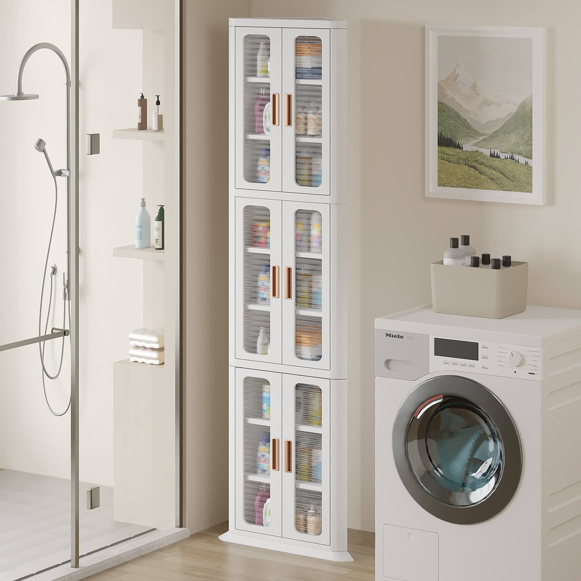 Alt View 2. Vecelo - Slim Corner Storage Cabinet Tall Bathroom Organizer, Freestanding Corner Pantry Cabinet with Adjustable Shelves - White.