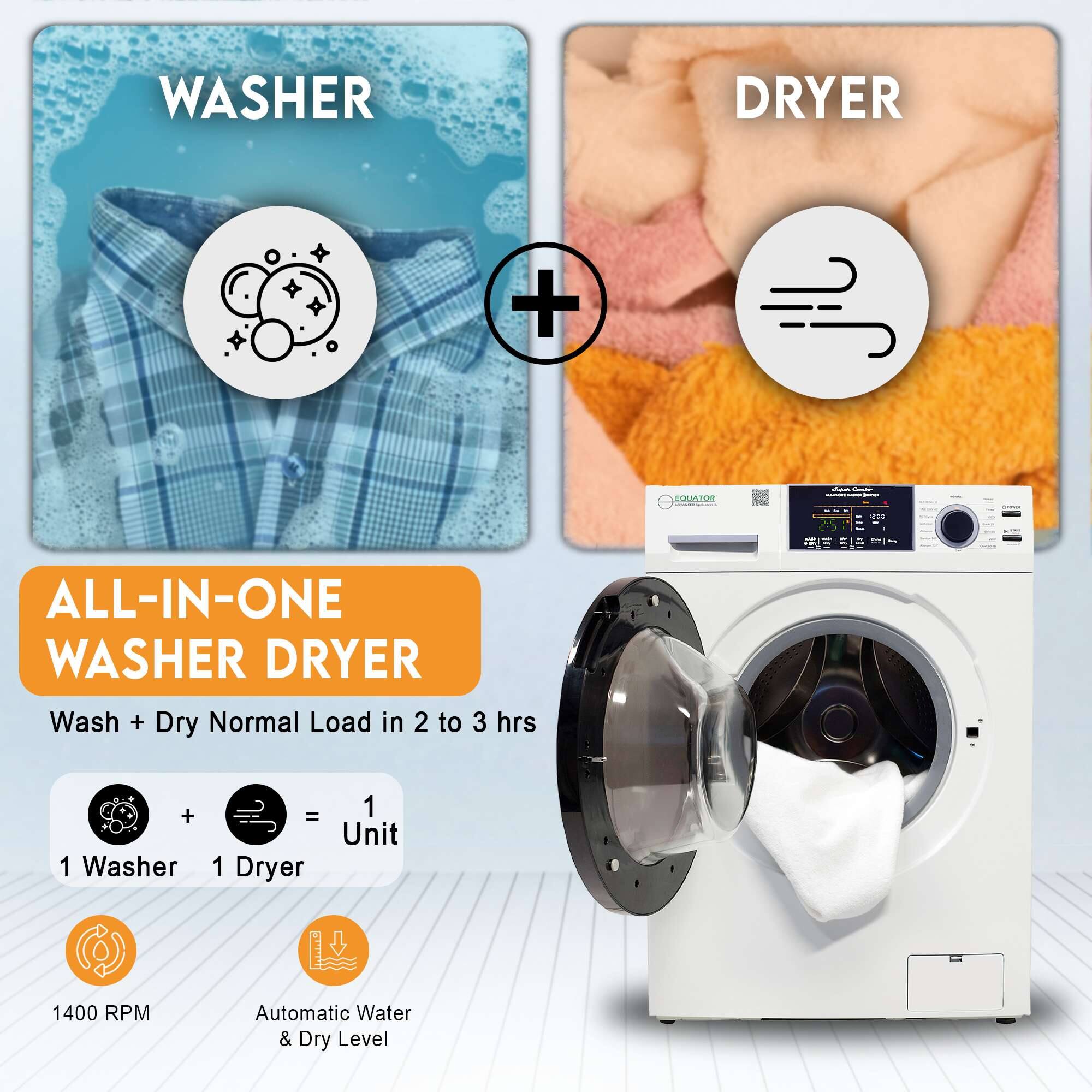 **ALL-IN-ONE WASHER DRYER**

- Wash + Dry Normal Load in 2 to 3 hrs
- 1 Washer + 1 Dryer = 1 Unit
- 1400 RPM
- Automatic Water & Dry Level