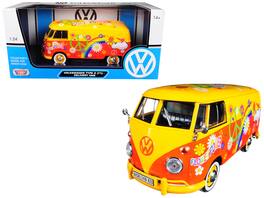 Volkswagen Type 2 (T1) Delivery Van Flower Power 1/24 Diecast Car Model by Motormax - Yellow and Red