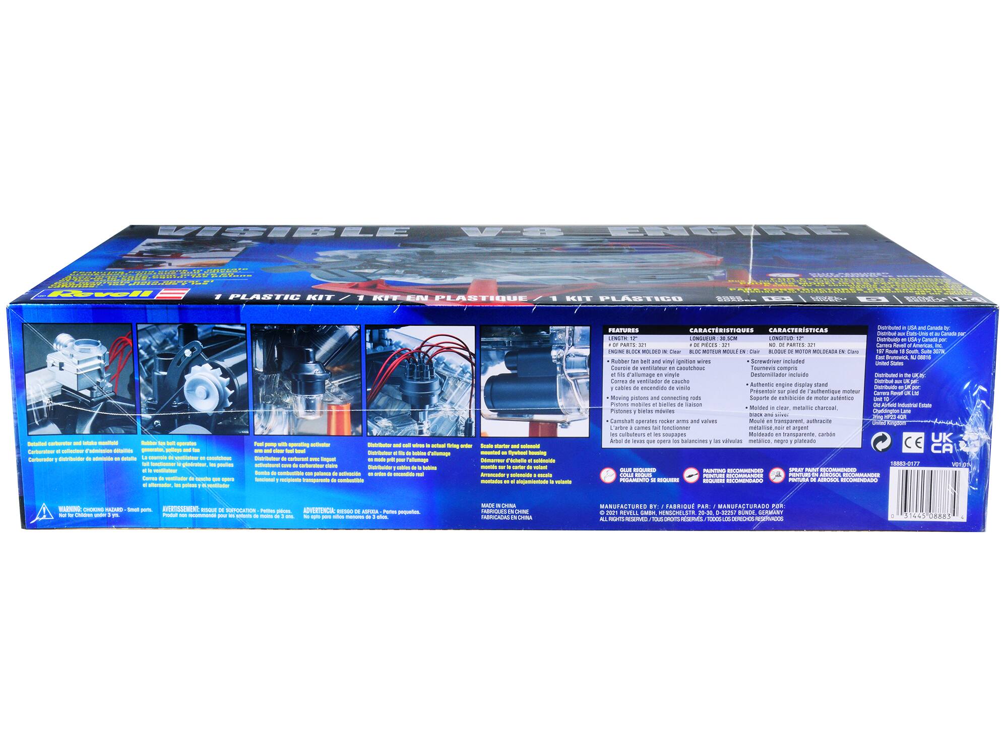 Sure, here is the corrected and grouped text from the image:

---

**Visible V8 Engine**

**1 Plastic Kit**

**Caractéristiques / Características / Features**

- **Longueur / Longitud / Length:** 30.5 cm
- **Largeur / Longueur / Width:** 22 cm
- **Hauteur / Altura / Height:** 12 cm
- **Rubber fan belt and vinyl ignition wires**
- **Screwdriver included**
- **Moving pistons and connecting rods**
- **Camshaft operates valves**
- **Authentic engine display stand**
- **Molded in clear, metallic charcoal, metallic silver, and carbon**

**Inclusions / Incluido / Included**

- **Rotating carburetor and intake manifold**
- **Rotating fuel pump**
- **Foot pump with operating engine**
- **Distributor and coil wires to actual firing order**
- **Escalator and subbed**
- **Moving pistons and connecting rods**
- **Camshaft operates valves**
- **Authentic engine display stand**
- **Molded in clear, metallic charcoal, metallic silver, and carbon**

**Warning / Avertissement / Advertencia**

- **