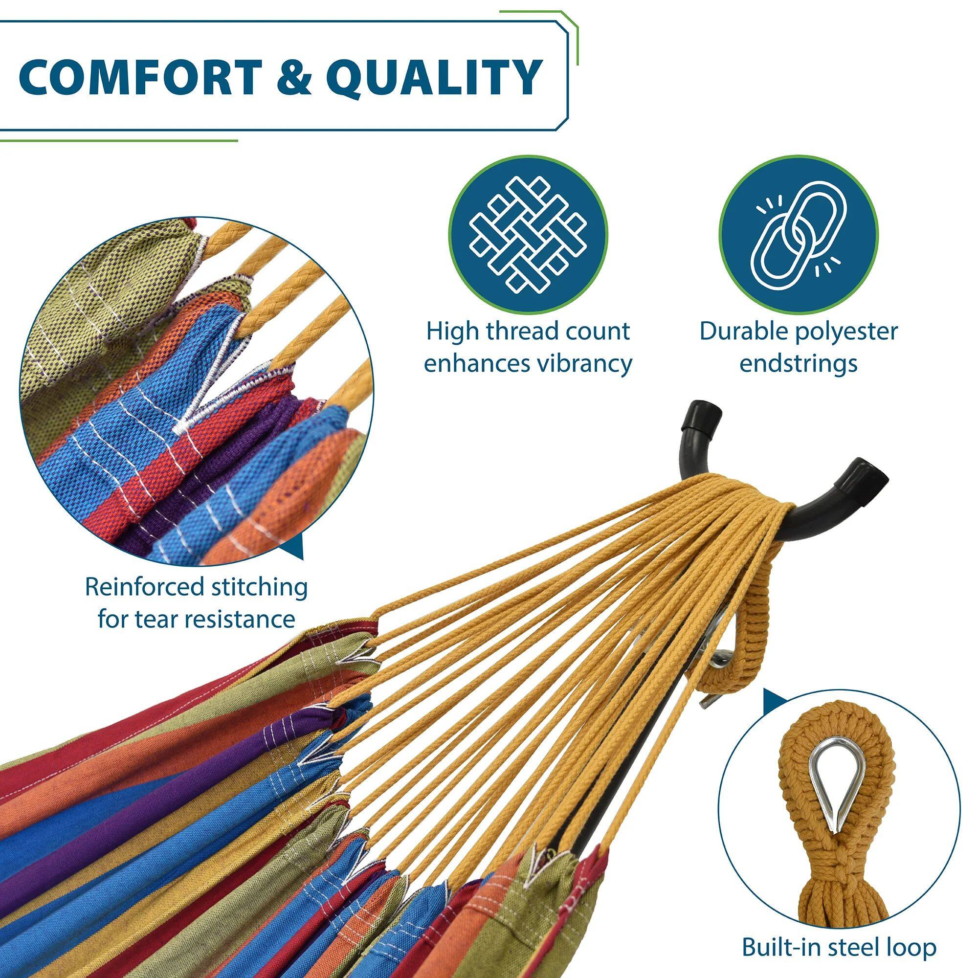 COMFORT & QUALITY

- High thread count enhances vibrancy
- Durable polyester endstrings
- Reinforced stitching for tear resistance
- Built-in steel loop