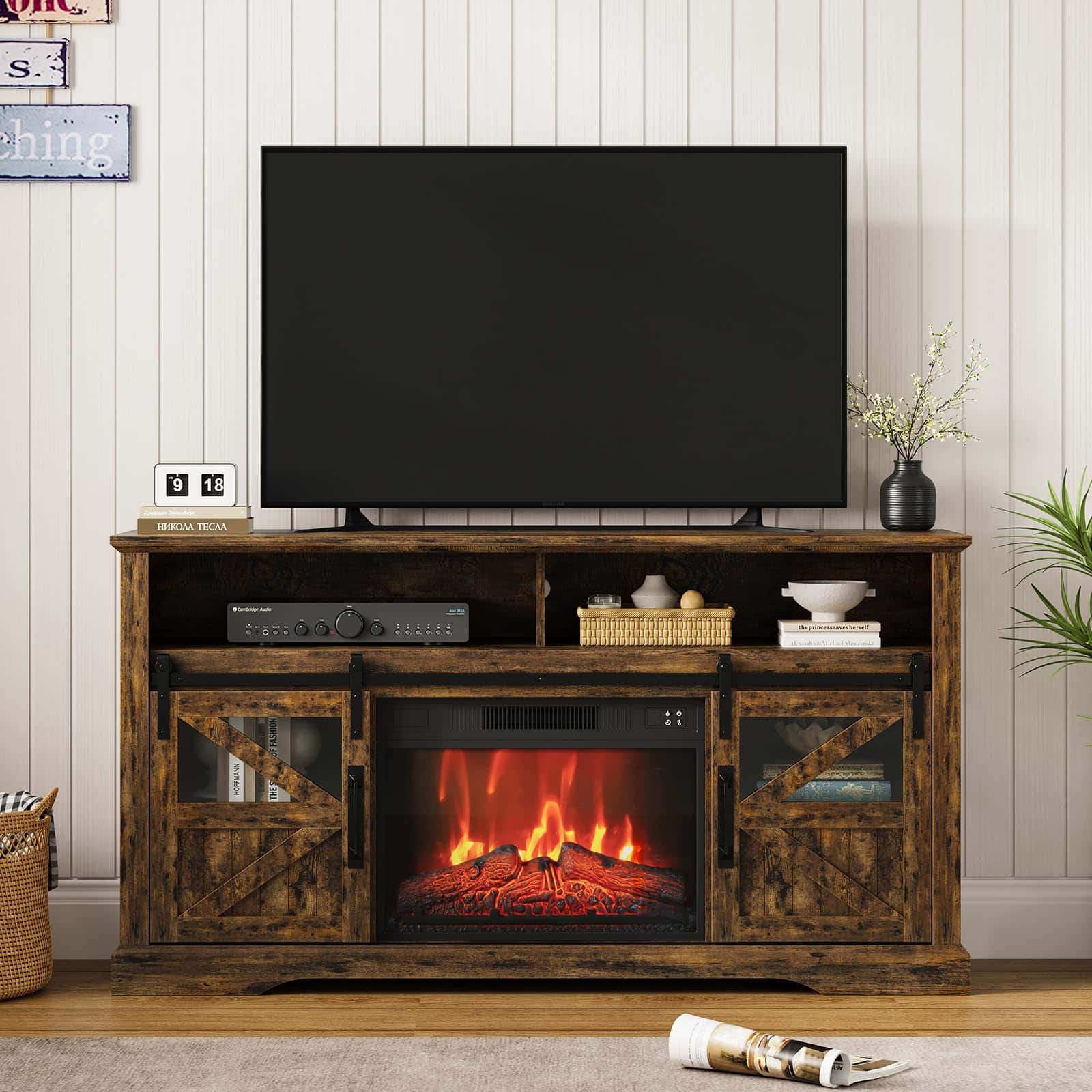Acekool - Farmhouse Fireplace TV Stand 60 inch Electric Fireplace Tv Console