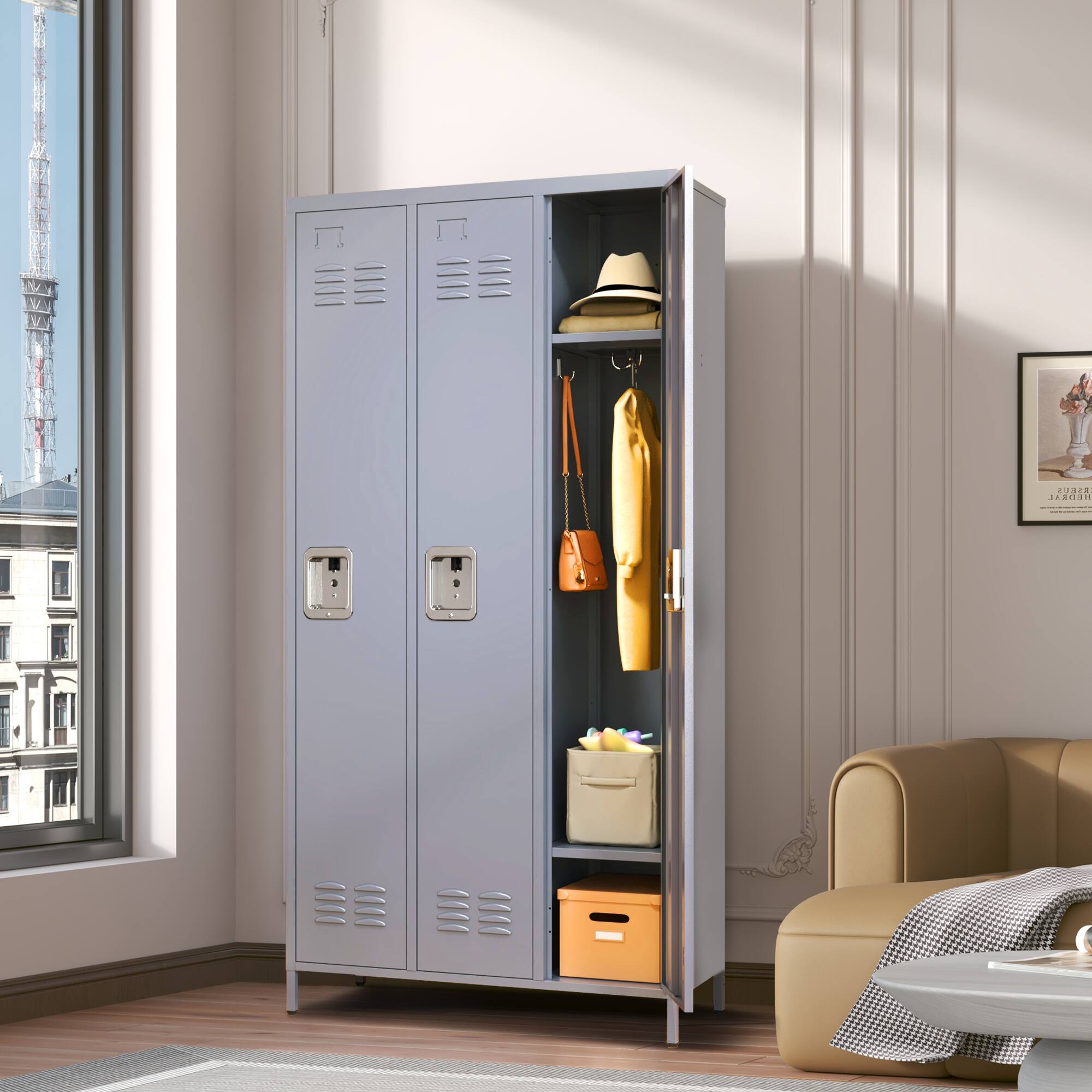Angle. Anysun - Anysun Minimalist Integrated Design 3-Door Metal Storage Locker with Adjustable Feets, Assembly Required - Gray.