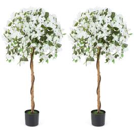 Costway - 2PCS 53" Artificial Azalea Tree Floral Plant w/ Red Azalea Flowers Nursery Pot - Green,White