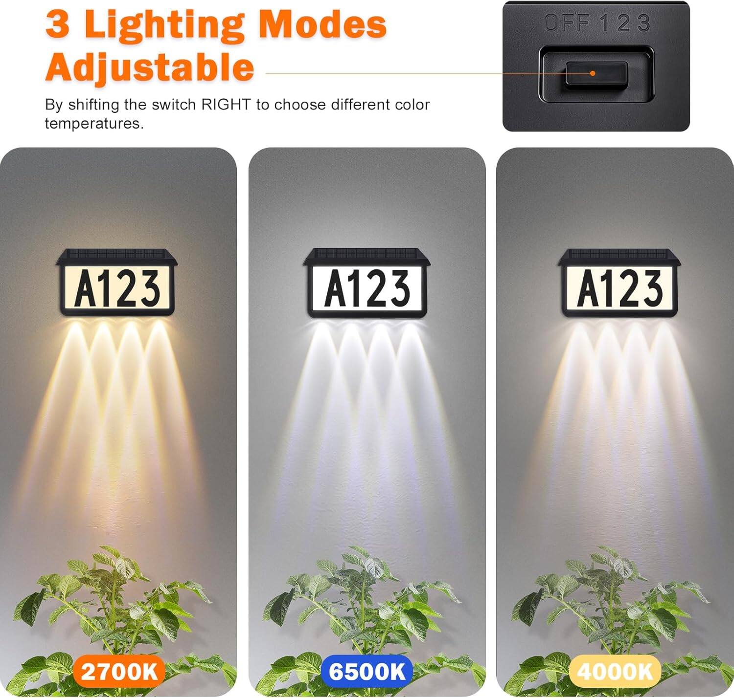 3 Lighting Modes Adjustable  
By shifting the switch RIGHT to choose different color temperatures.  

OFF 1 2 3  

A123  
2700K  

A123  
6500K  

A123  
4000K