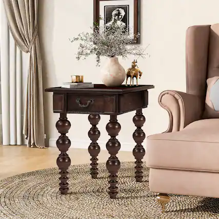 Front. GOODSILO - Solid Wood End Table with Drawer, Vintage Narrow Sofa Side Table for Living Room - Espresso.