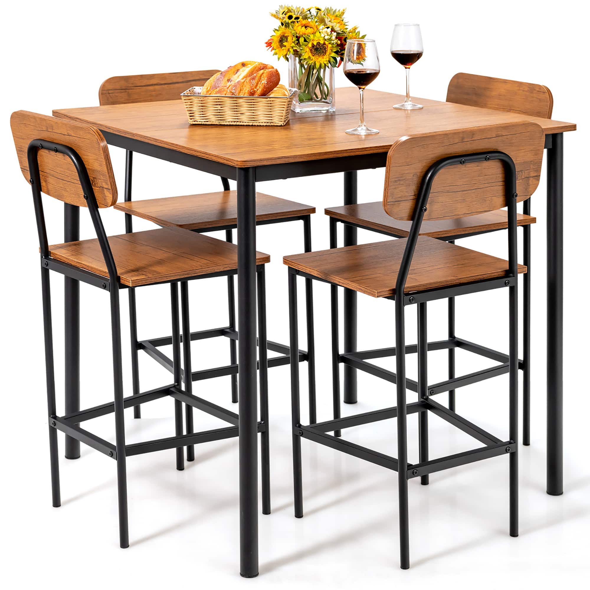 Front. Costway - 5-Piece Industrial Dining Table Set with Counter Height Table & 4 Bar Stools Brown - Brown.