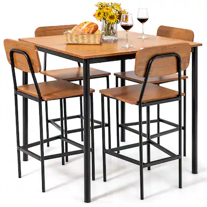 Front. Costway - 5-Piece Industrial Dining Table Set with Counter Height Table & 4 Bar Stools Brown - Brown.