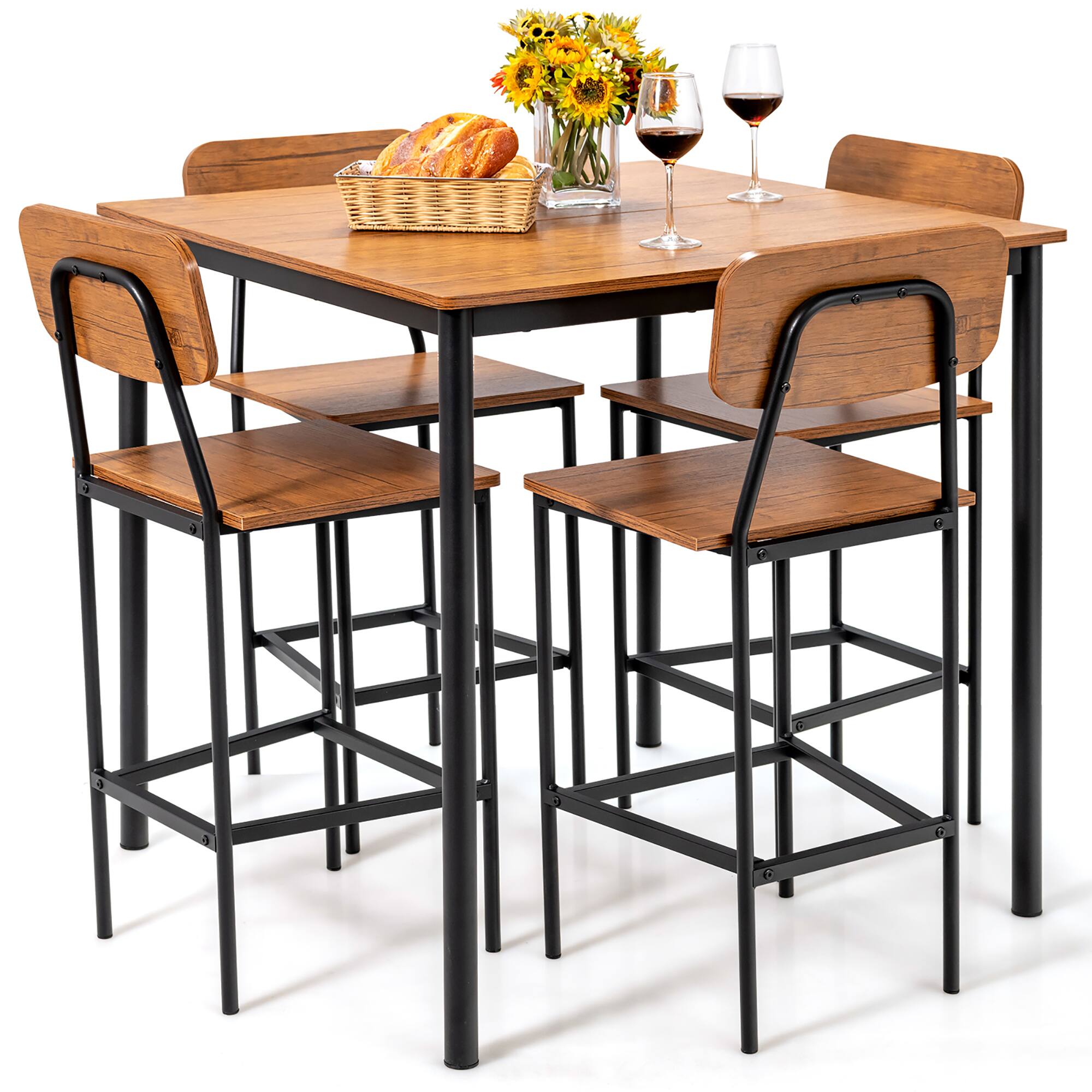 Costway - 5-Piece Industrial Dining Table Set with Counter Height Table & 4 Bar Stools - Brown