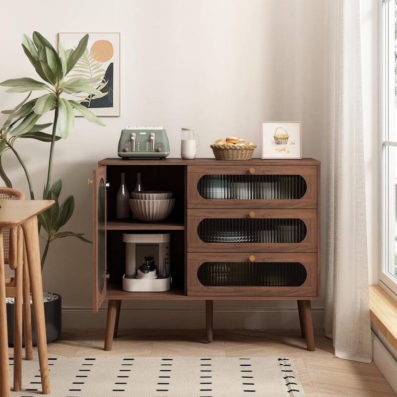 Left. ALEXOUN - Retro Storage Cabinet with 3 Drawers & Fluted Glass Door,Simple & Easy to Use,Credenza for Living Room, Kitchen, Hallway - Brown.