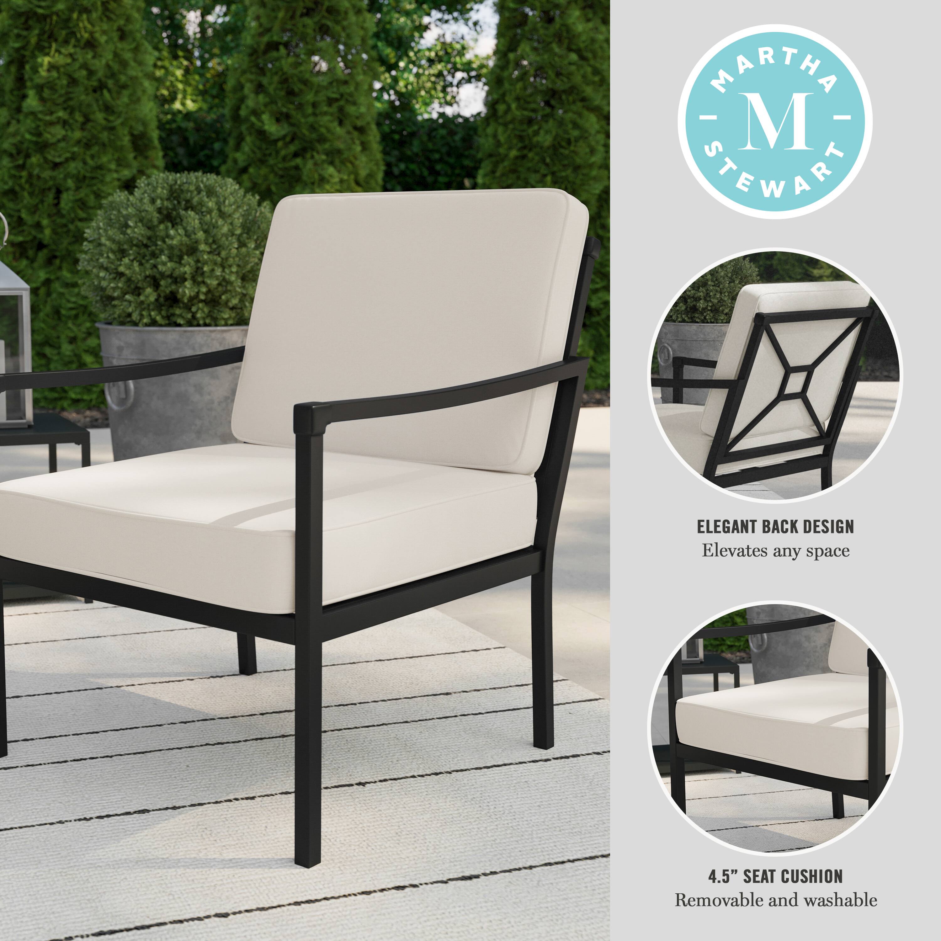 The text on the image reads: "Martha Stewart Elegant Back Design Elevates any space 4.5" Seat Cushion Removable and washable."