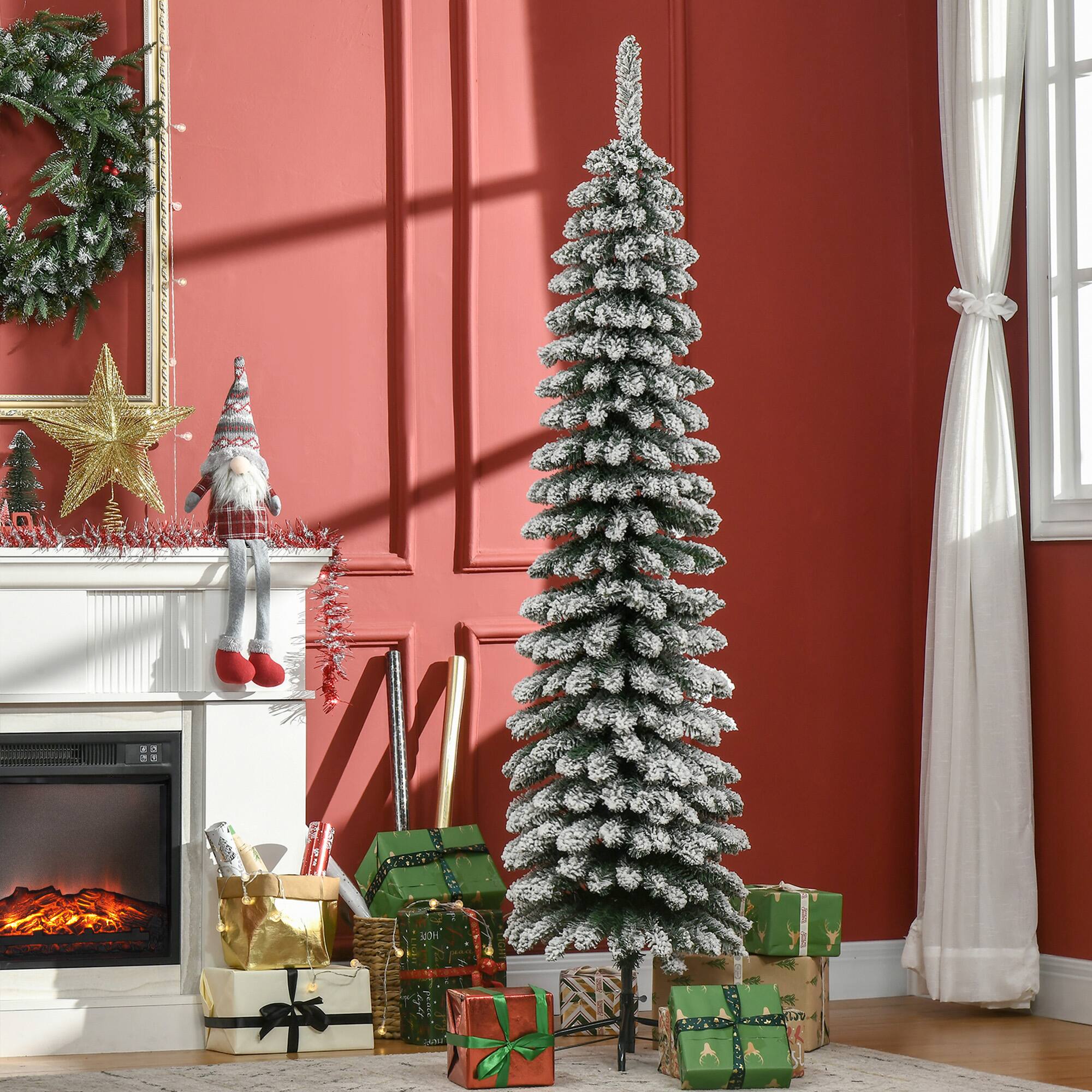 Alt View 1. Homcom - Slim Unlit Snow Flocked Pencil Christmas Tree, Realistic Branches 395 Tips - Green.