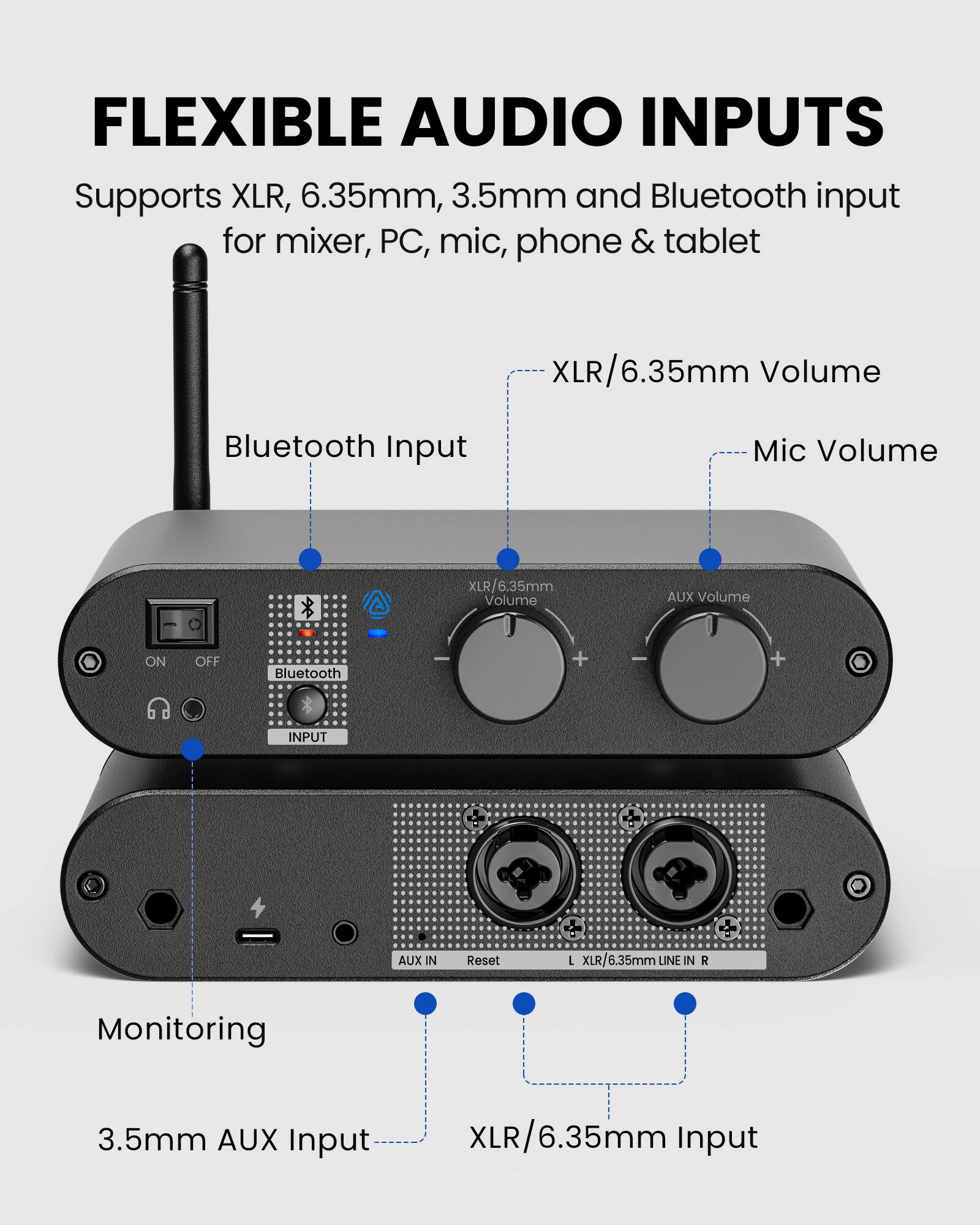 FLEXIBLE AUDIO INPUTS  
Supports XLR, 6.35mm, 3.5mm and Bluetooth input for mixer, PC, mic, phone & tablet  

- XLR/6.35mm Volume  
- Bluetooth Input  
- Mic Volume  
- AUX Volume  
- ON/OFF  
- Bluetooth  
- INPUT  
- AUX IN  
- Reset  
- L XLR/6.35mm LINE IN  
- R  
- Monitoring  
- 3.5mm AUX Input  
- XLR/6.35mm Input