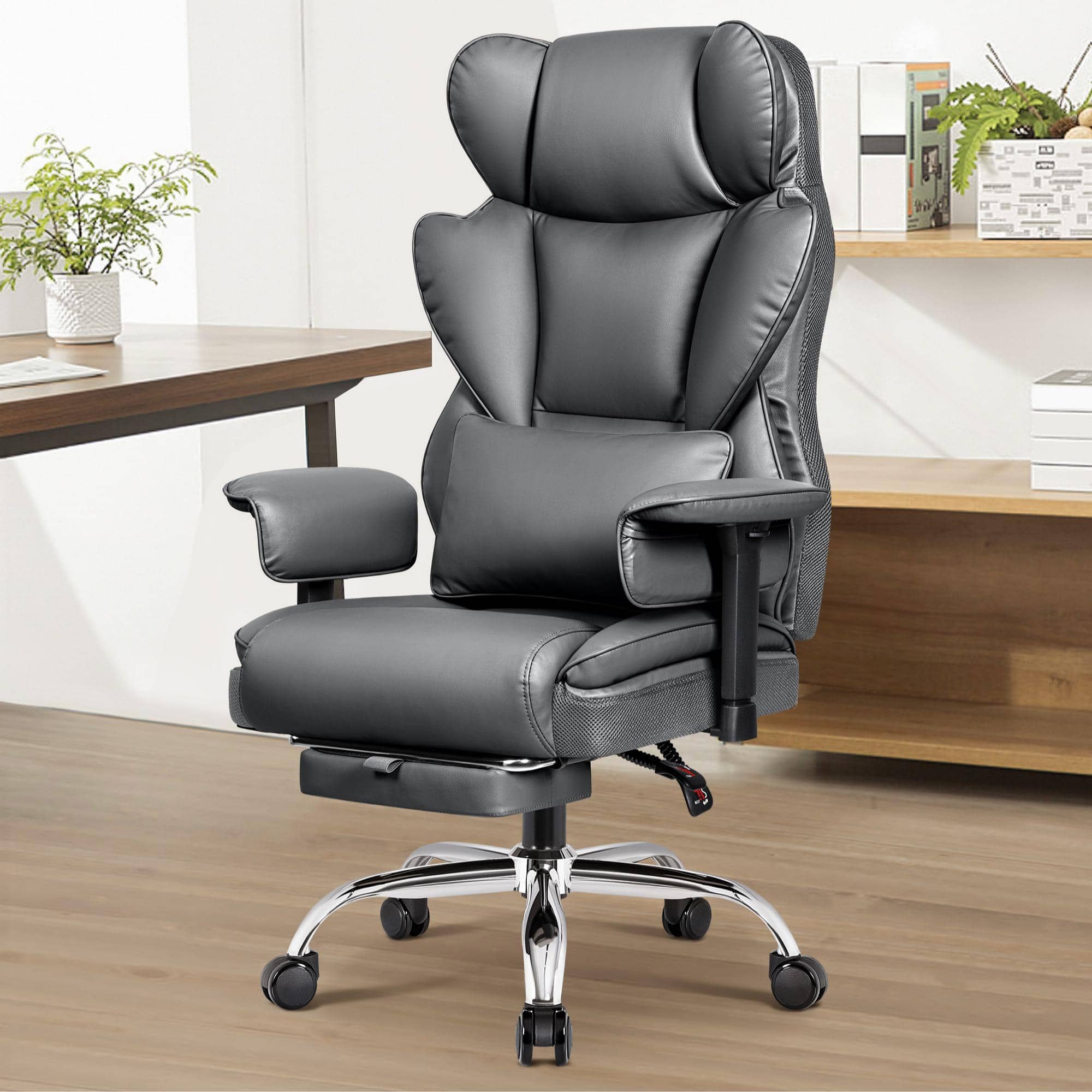 KERDOM - Ergonomic Reclining Office Desk Chair, Beautiful PU Leather High Back Computer Chair, Adjustable Height Lifting Armrest - Gray