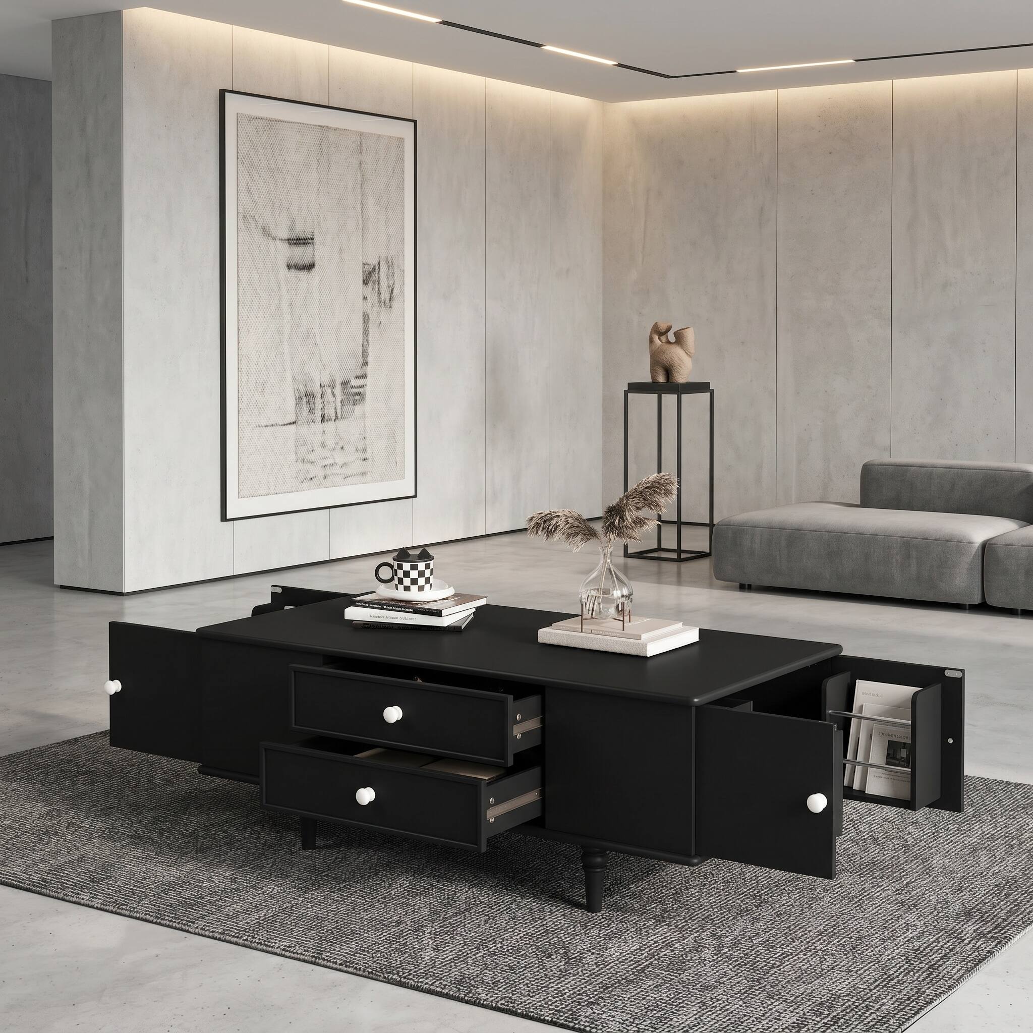 Alt View 10. Forest'nSky - Black Rectangle Coffee Table with Four Drawers, Two Side Hidden Storage Compartments - Black.