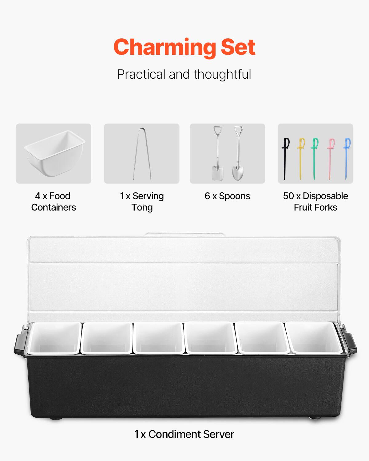 Charming Set  
Practical and thoughtful  

4 x Food Containers  
1 x Serving Tong  
6 x Spoons  
50 x Disposable Fruit Forks  
1 x Condiment Server