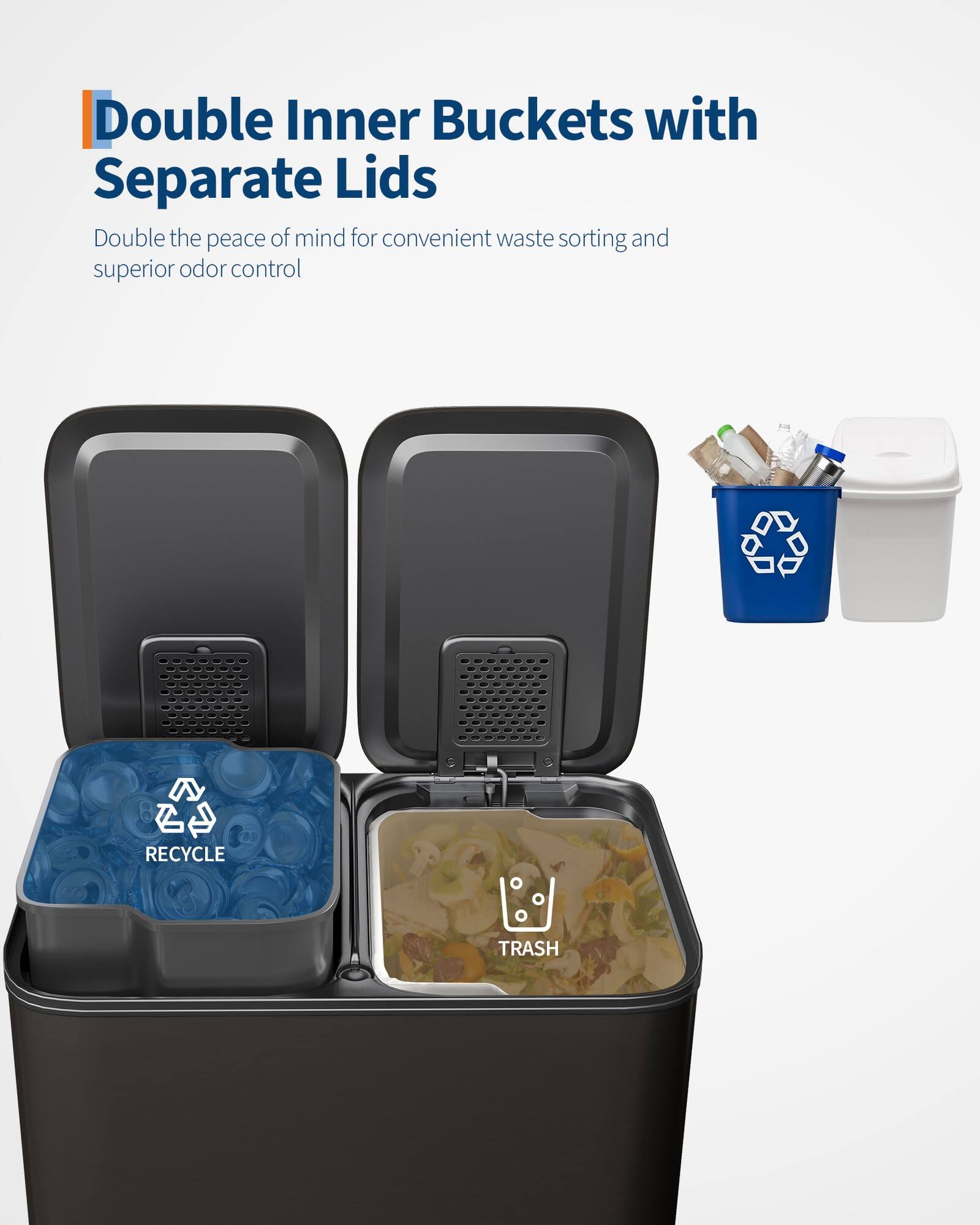 Double Inner Buckets with Separate Lids

Double the peace of mind for convenient waste sorting and superior odor control

RECYCLE

TRASH
