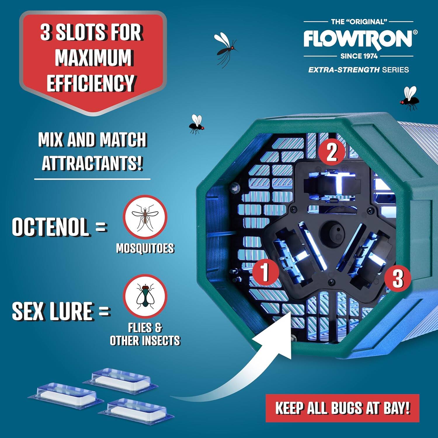 3 SLOTS FOR MAXIMUM EFFICIENCY
MIX AND MATCH ATTRACTANTS!
OCTENOL = MOSQUITOES
SEX LURE = FLIES & OTHER INSECTS
THE "ORIGINAL" FLOWTRON SINCE 1974 EXTRA-STRENGTH SERIES
1 2 3
KEEP ALL BUGS AT BAY!