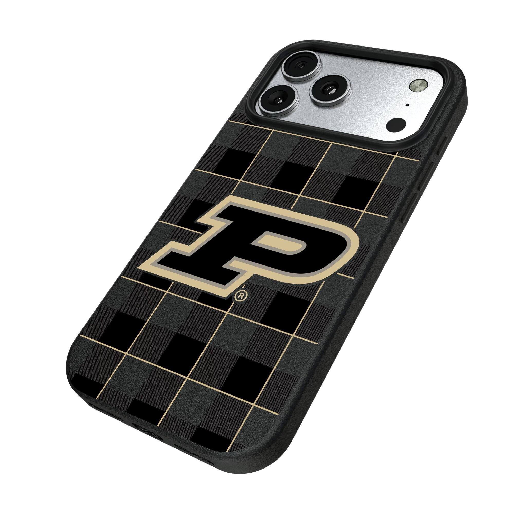 Alt View 1. Keyscaper - Purdue Boilermakers Plaid Magnetic Bump iPhone Case - 16 Pro - Black.