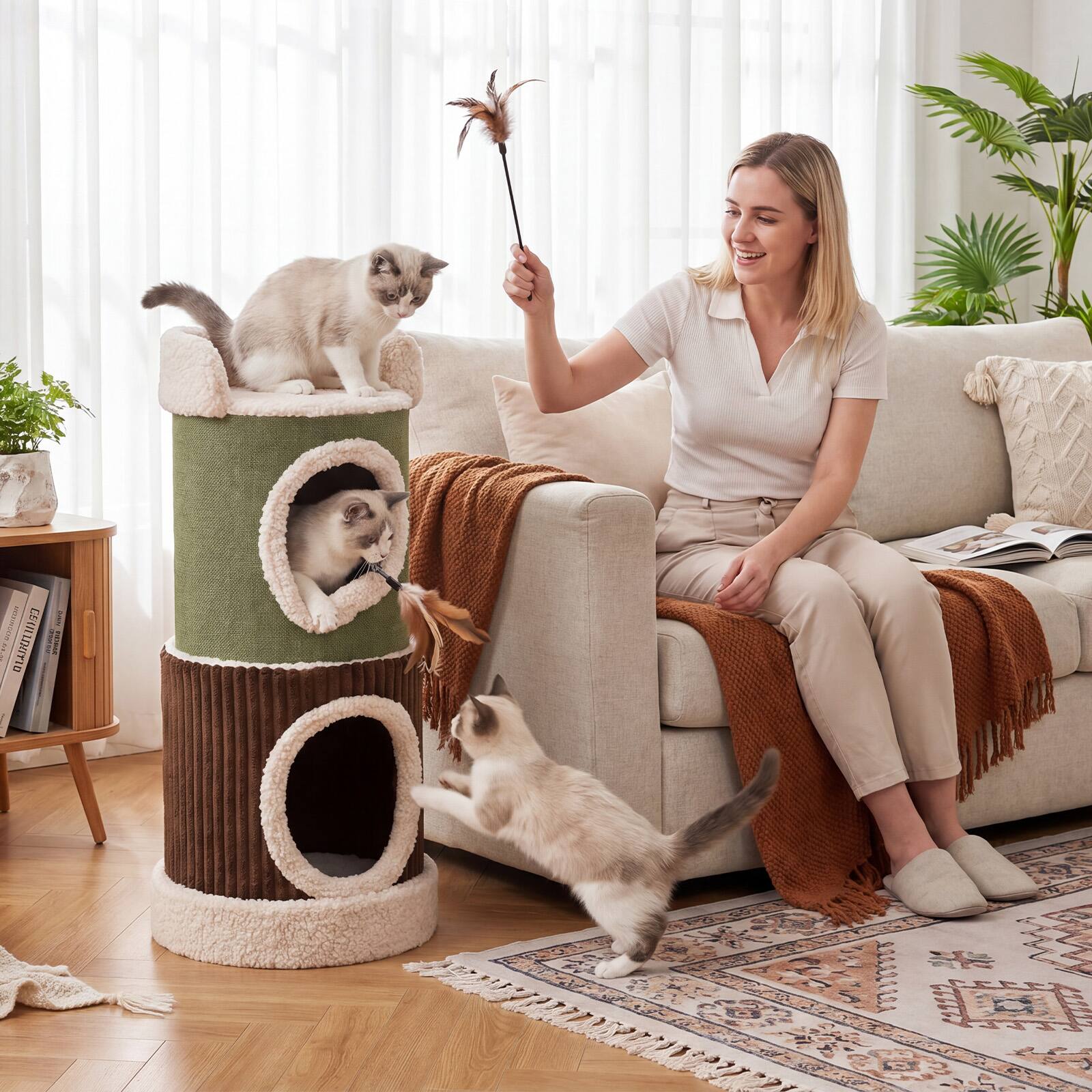 Alt View 4. Gymax - Gymax Barrel-Shaped Cat House w/Top Perch & Double Spacious Condos Interior Mats.