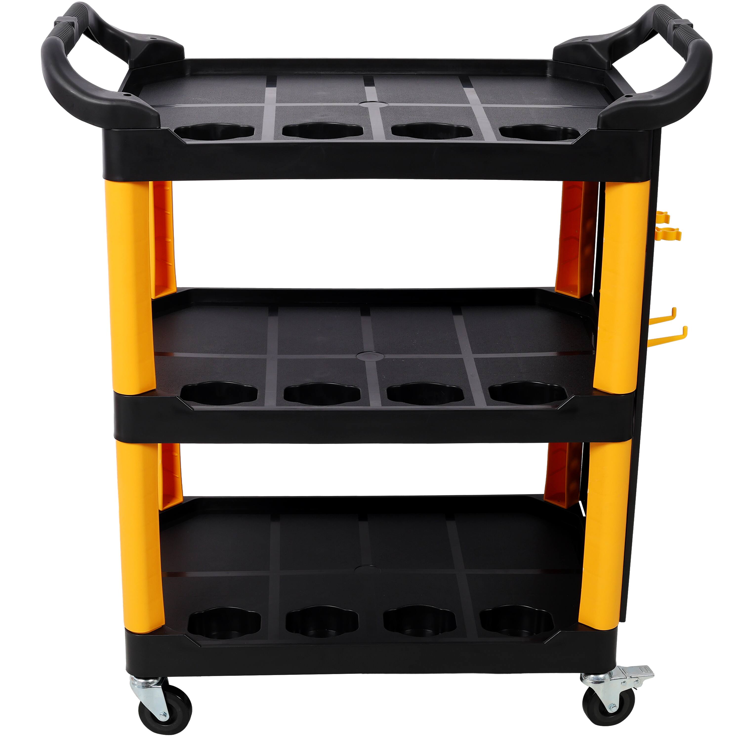 Left. ELEMENT ACE - 3-Tier Rolling Auto Detailing Cart with Wheels, Panel & Hooks - Garage, Workshop, Repair Shop Tool Storage - Yellow+Black.