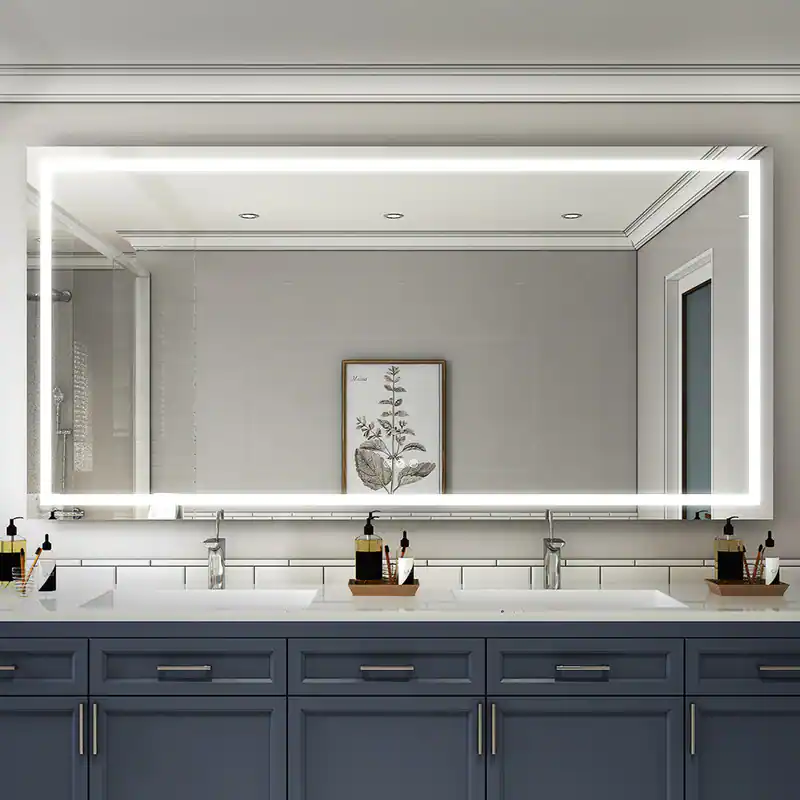 WELLFOR - 84 in W x42 in H Rectangular Frameless Anti-Fog LED Bathroom Vanity Mirror, Wall Mounted Mirror with Memory Function - Silver