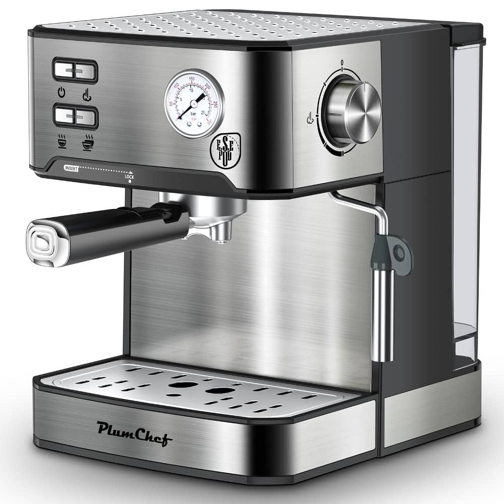 Plum Chef - Espresso Machine 20 Bar Semi Automatic Coffee Maker with Milk Frother Steam Wand 54oz Tank for Cappuccino Latte - Silver