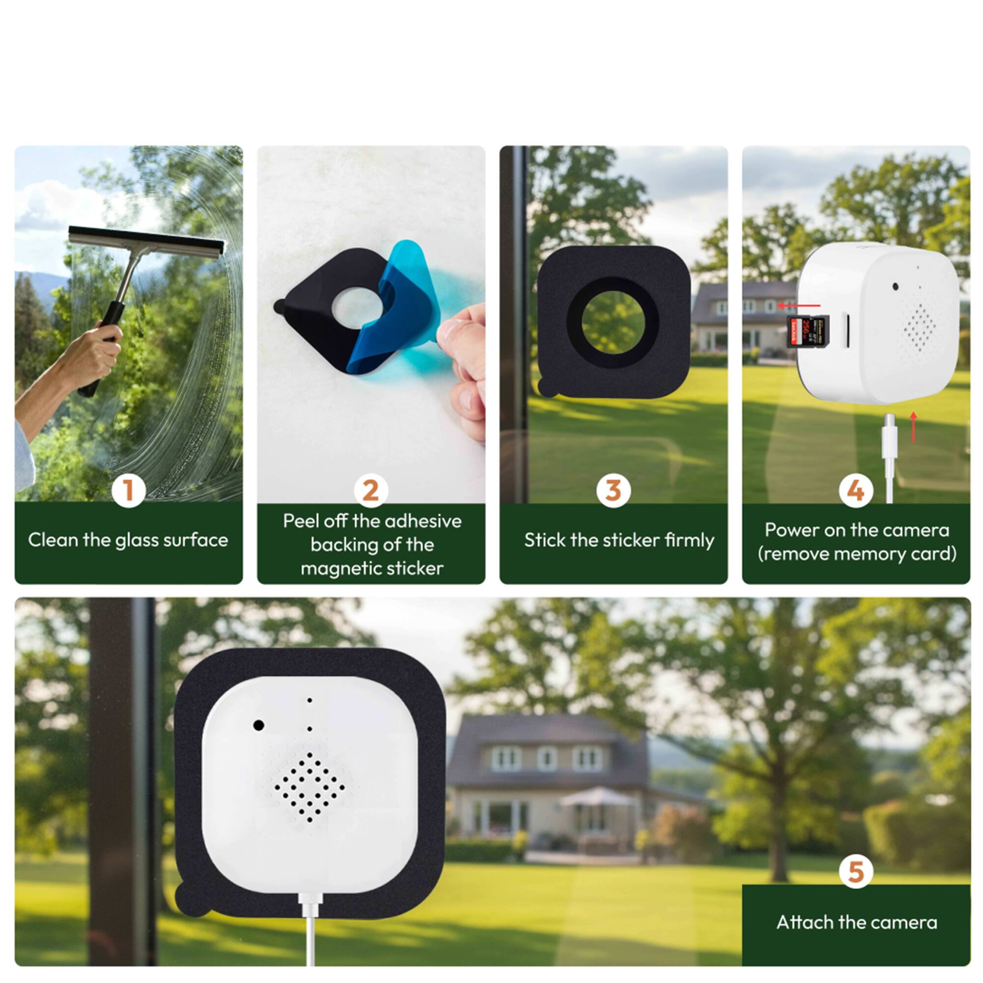 1. Clean the glass surface  
2. Peel off the adhesive backing of the magnetic sticker  
3. Stick the sticker firmly  
4. Power on the camera (remove memory card)  
5. Attach the camera