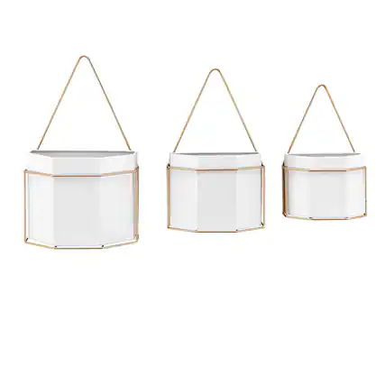 Front. Danya B - Modern Geometric White and Gold Metal Wall Planters - Set of 3 - White, Gold.