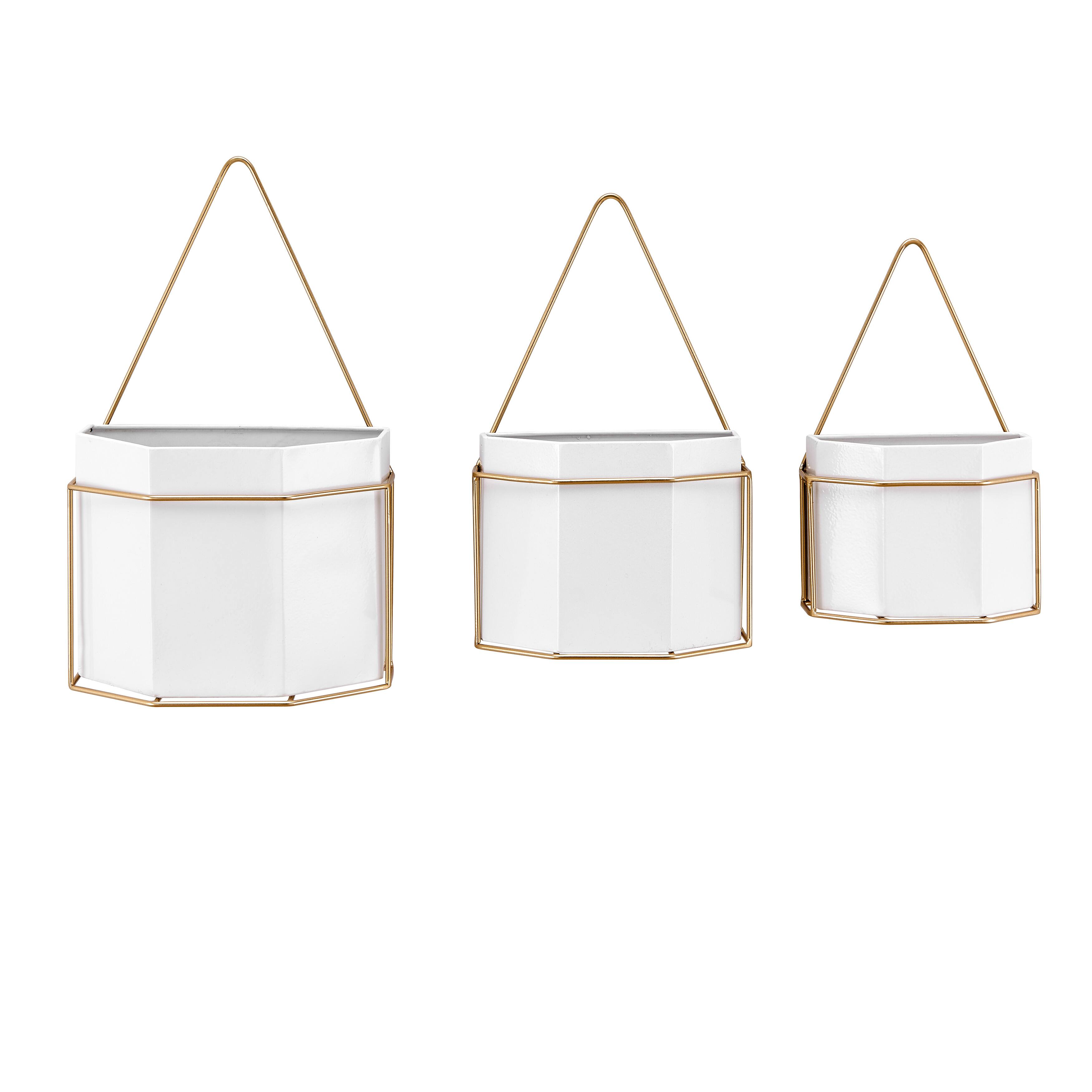 Front. Danya B - Modern Geometric White and Gold Metal Wall Planters - Set of 3 - White, Gold.
