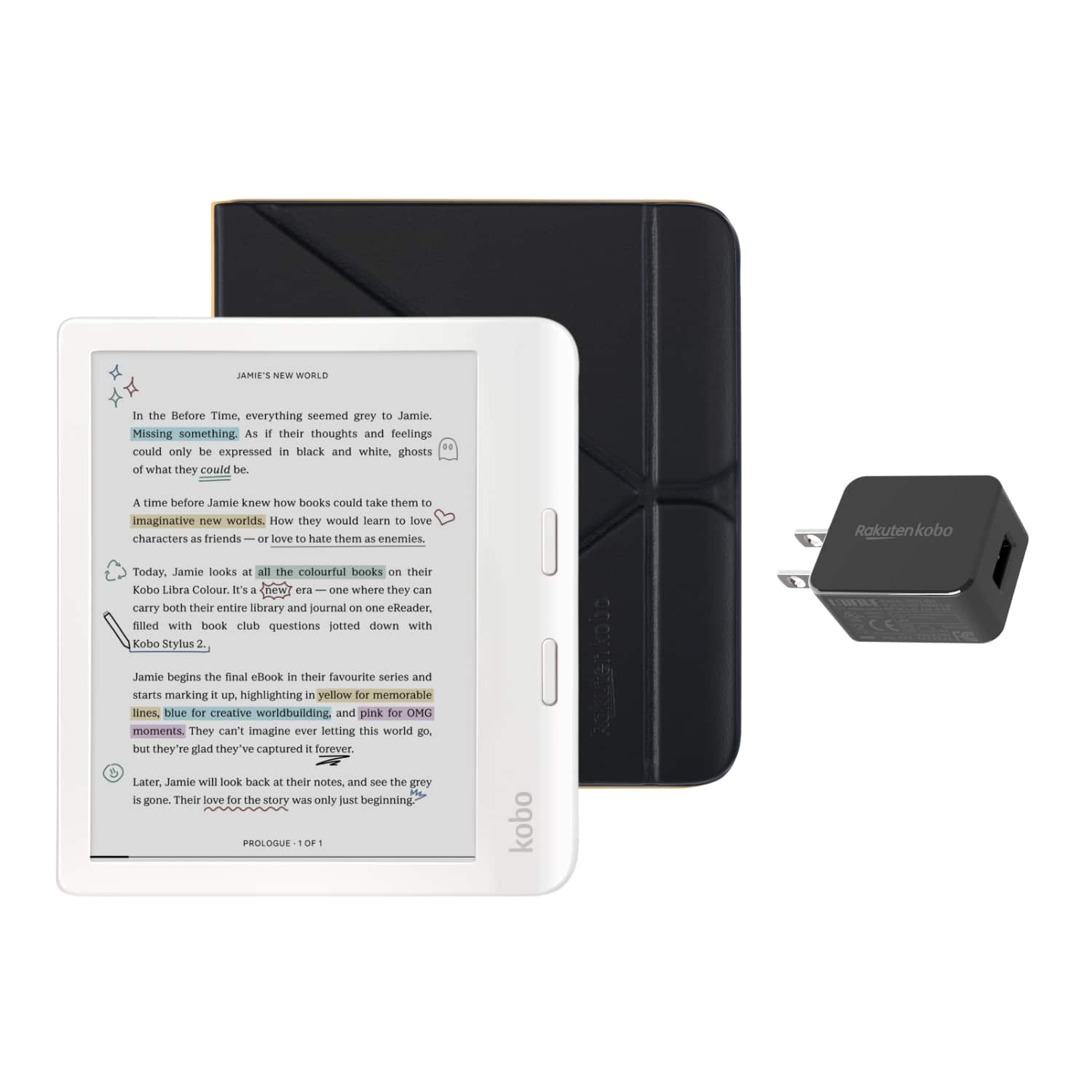 Kobo - Libra Colour eReader (White) with and AC Bundle - 2024 - Black SleepCover