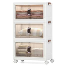 Costway - 25.5 Gallon Storage Bins 3-Tier Stackable Storage Boxes with Lid Lockable Casters - White + Brown