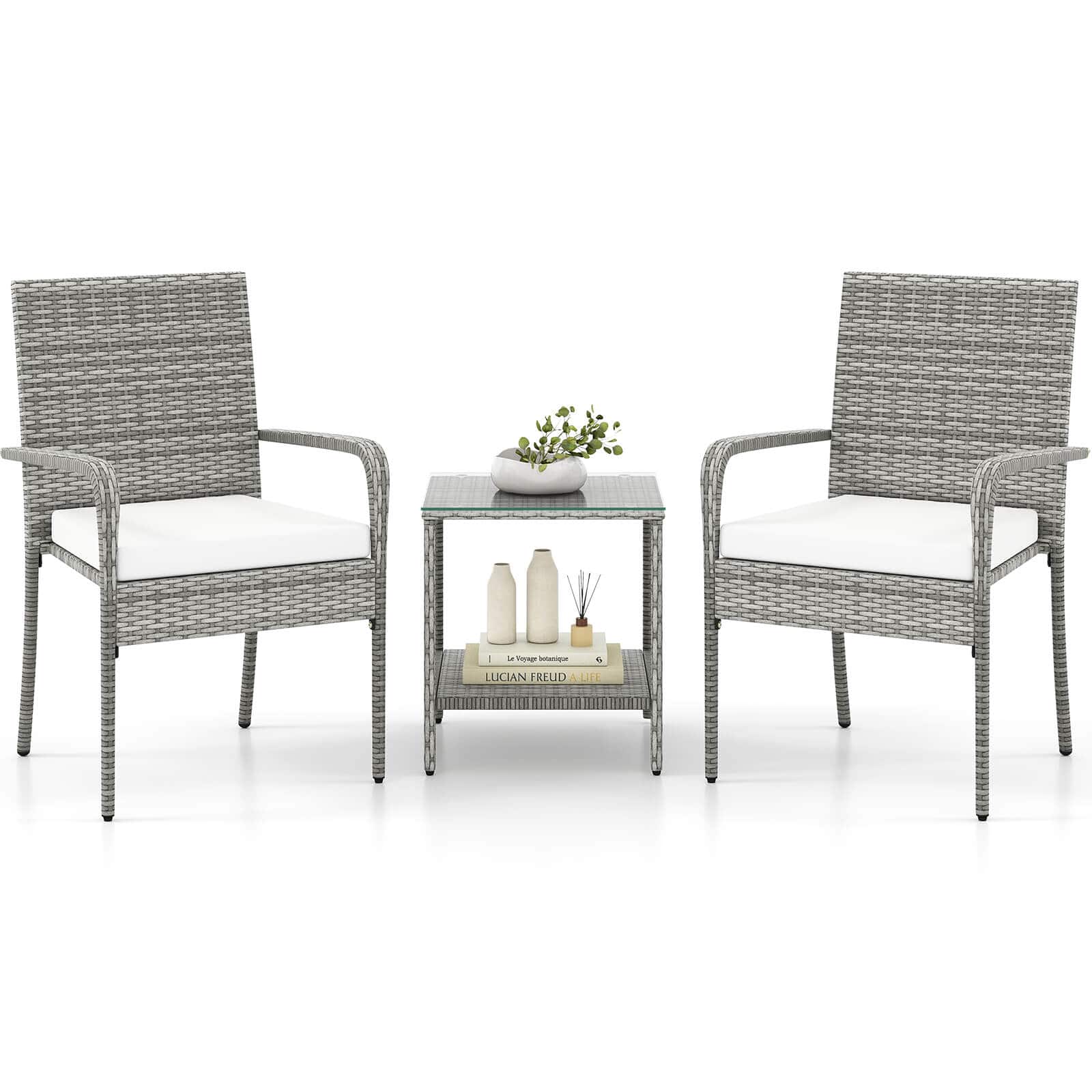 Costway - 3 PCS Patio Furniture Set with Seat Cushions & Tempered Glass Tabletop - Gray,White